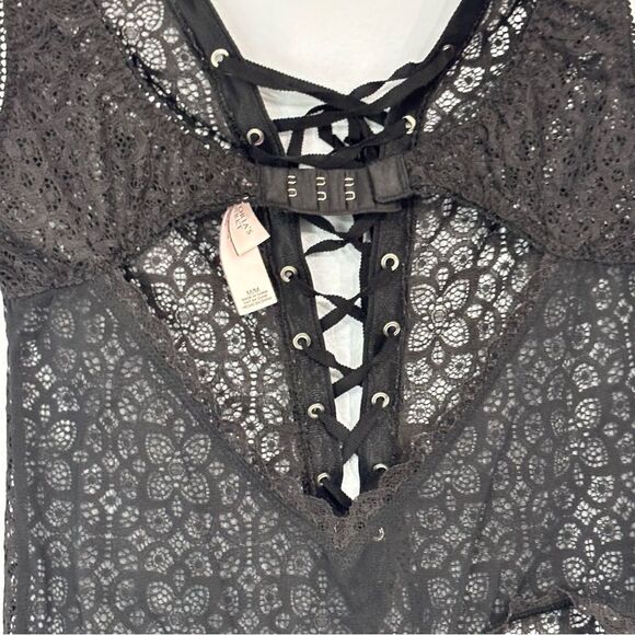 Victorias Secret | Dream Angels Sheer Black Lace Up Thong Teddy Bodysuit Medium - Picture 11 of 16